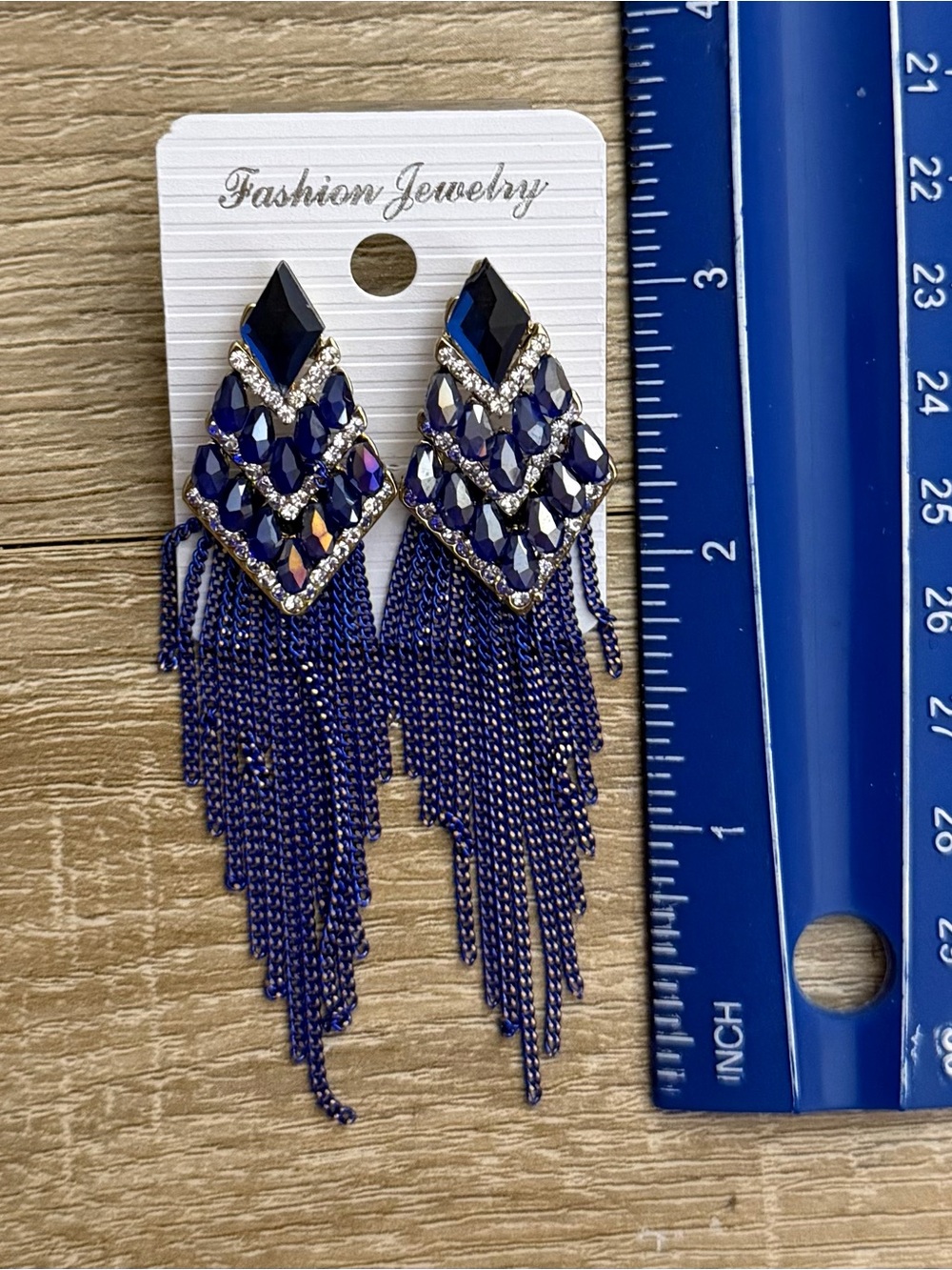 Royal Blue Rhinestone Statement Tassel Earrings New - Picture 4 of 4